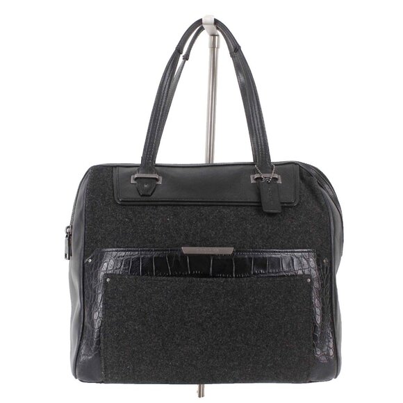 Coach 12 x 12.5 x 5.5 Black Charcoal Wool Leather Zip Top Satchel Purse - Picture 1 of 7